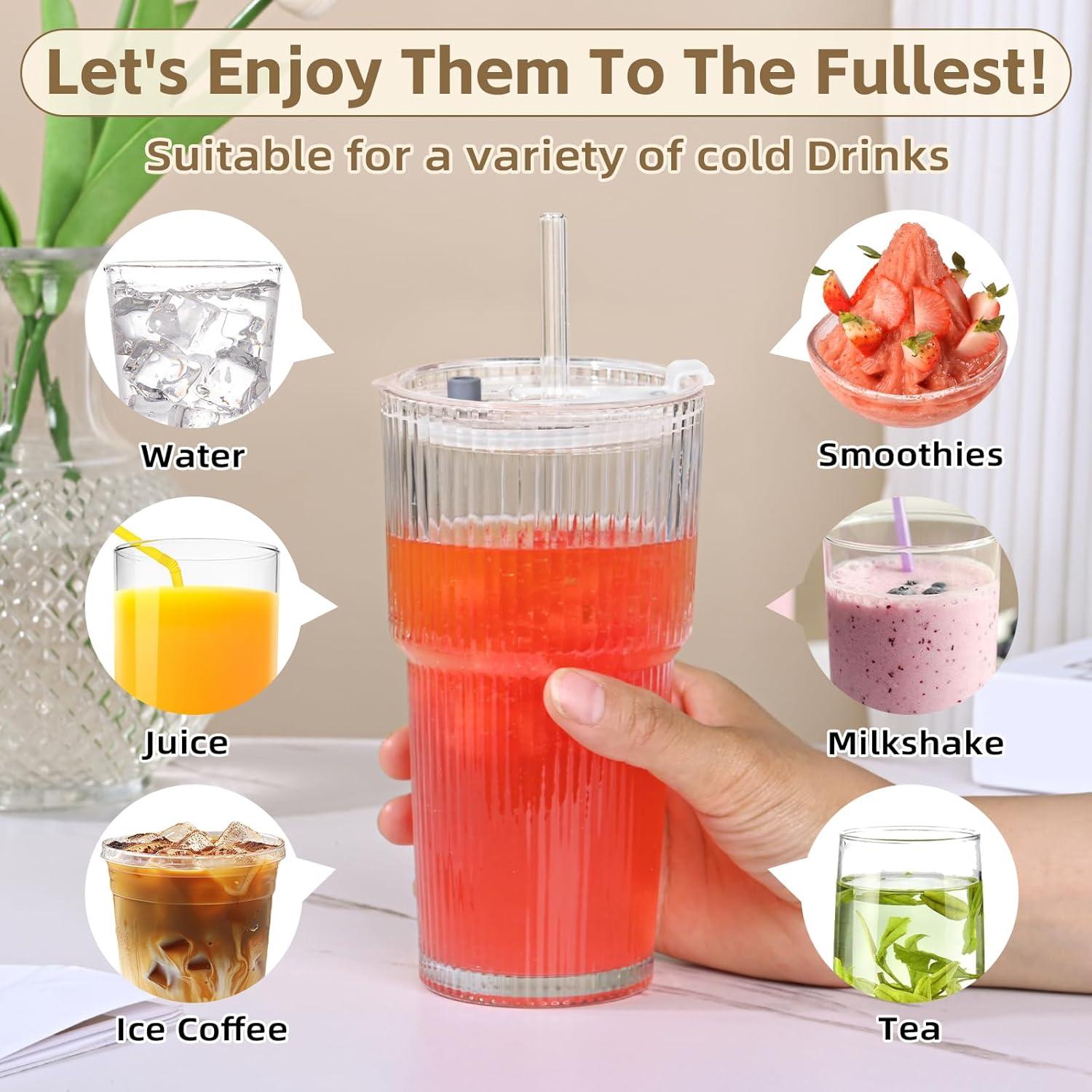 Set de 2 Tazas de Vidrio AFINSEA 590 ml con Popote y Tapa