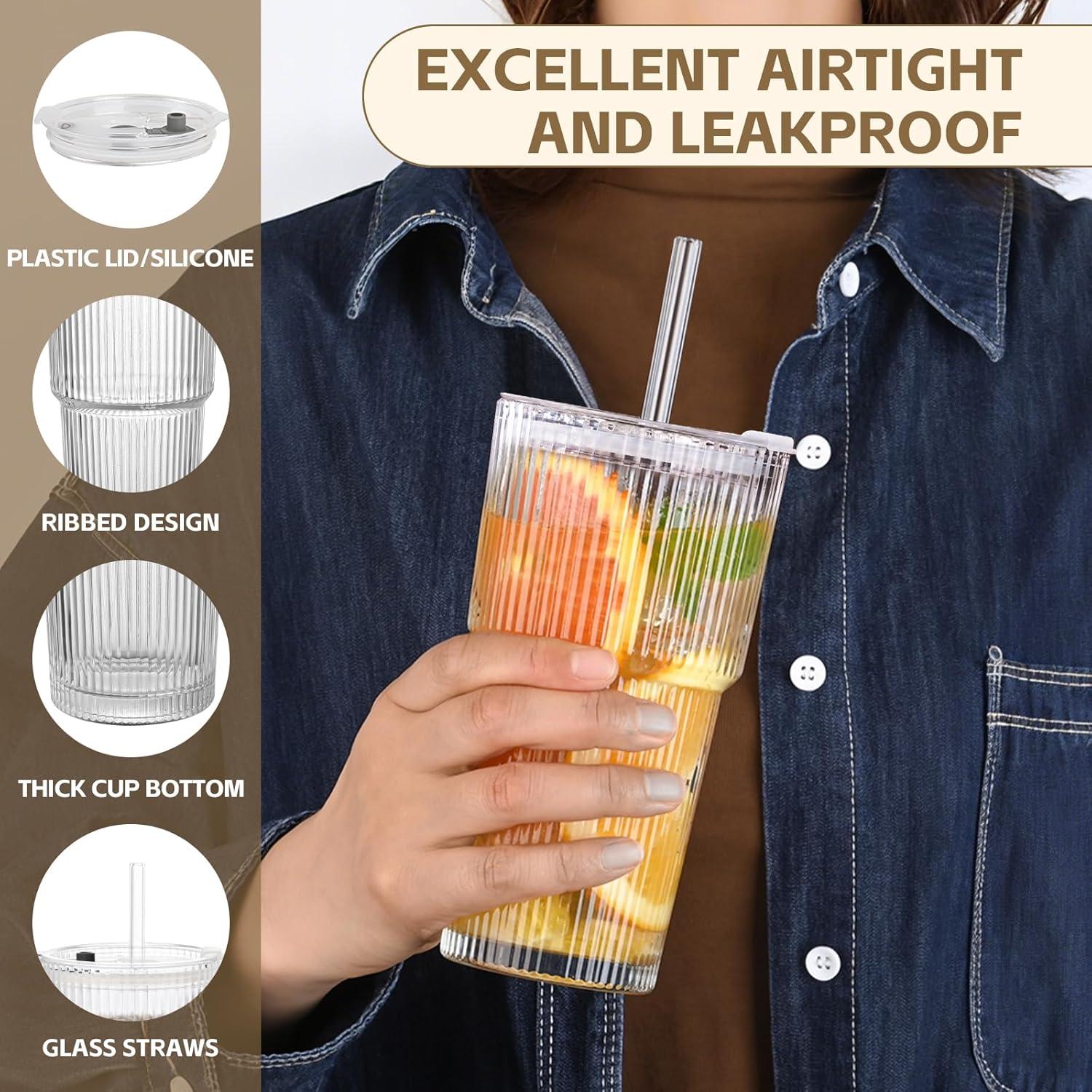 Set de 2 Tazas de Vidrio AFINSEA 590 ml con Popote y Tapa