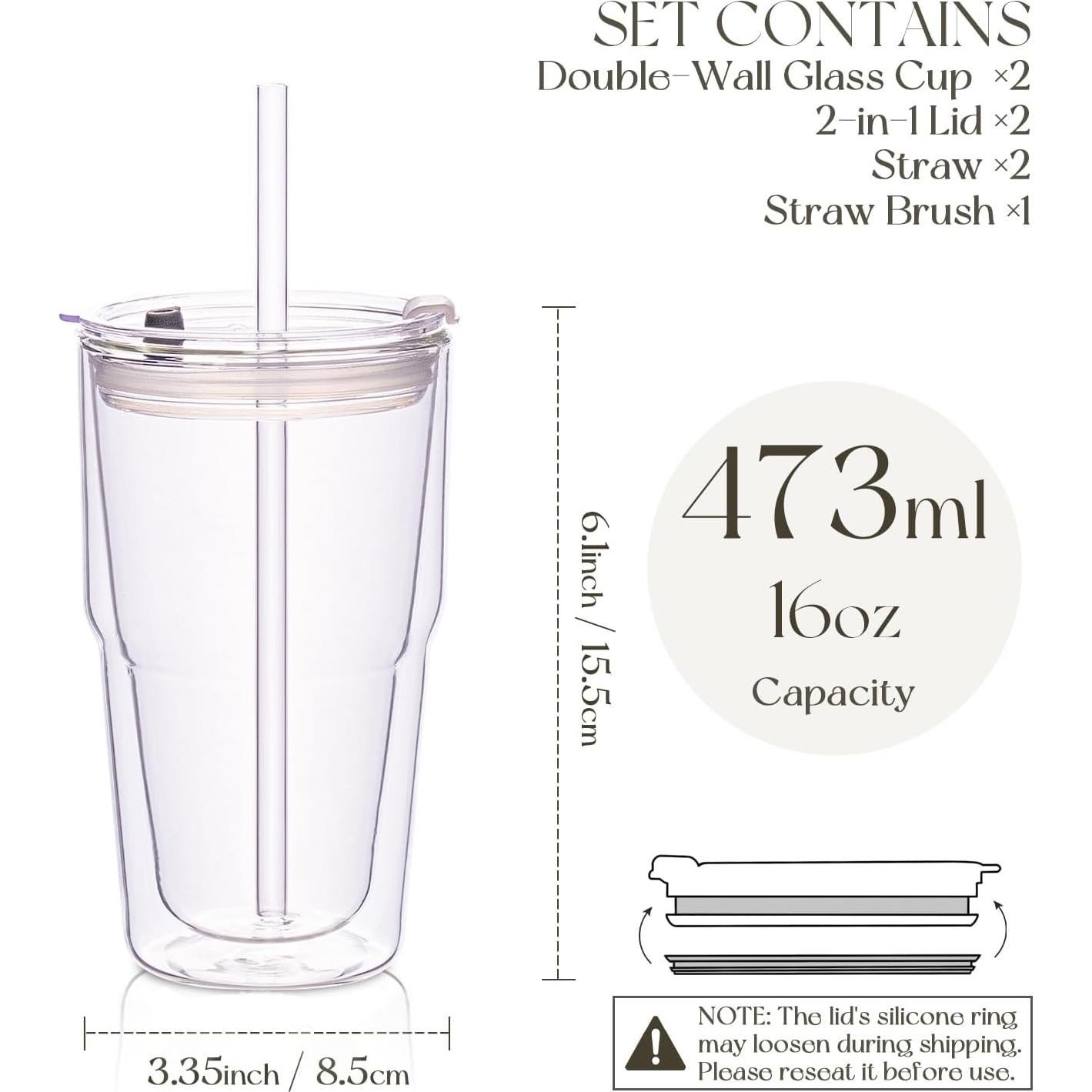 Vasos de Vidrio Borosilicato Doble Pared KEMORELA 473ml 2PCS