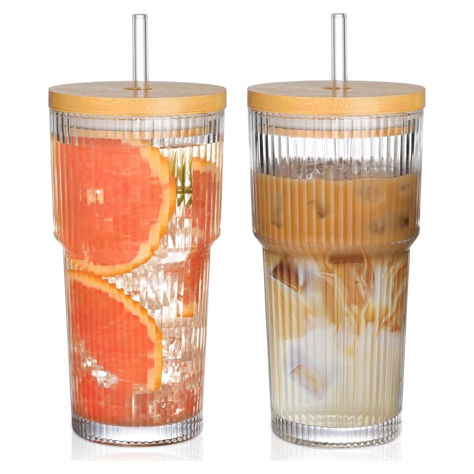 Set de 2 Tazas de Vidrio 20oz con Tapa de Bambú y Popotes AUFXKOO