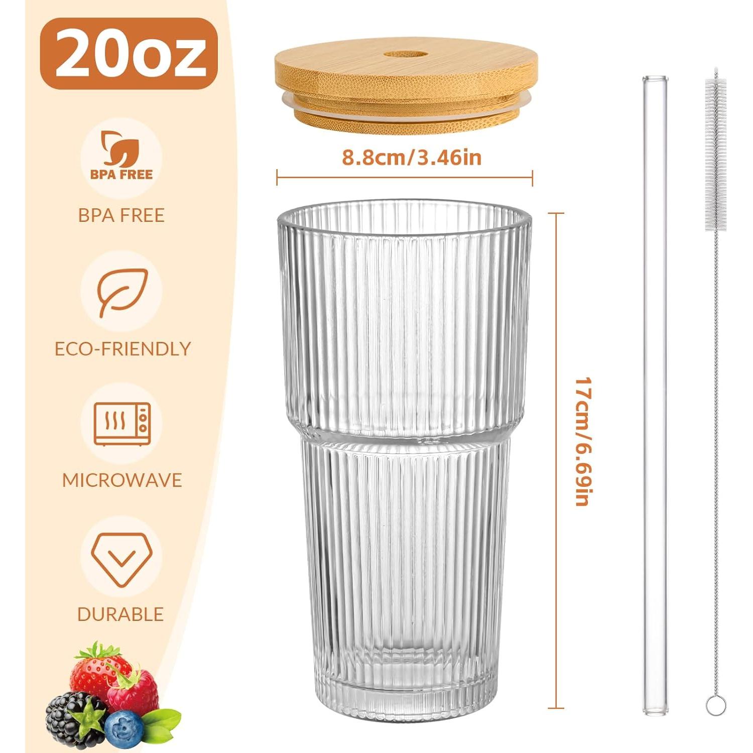 Set de 2 Tazas de Vidrio 20oz con Tapa de Bambú y Popotes AUFXKOO