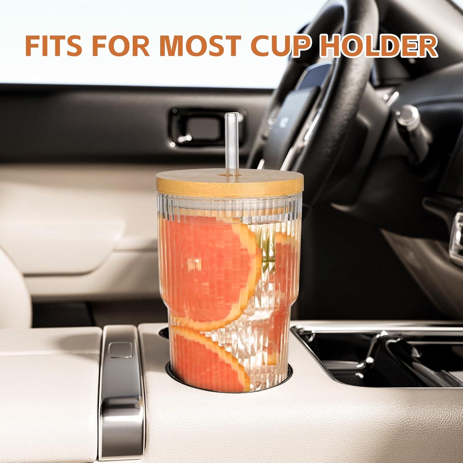 Set de 2 Tazas de Vidrio 20oz con Tapa de Bambú y Popotes AUFXKOO