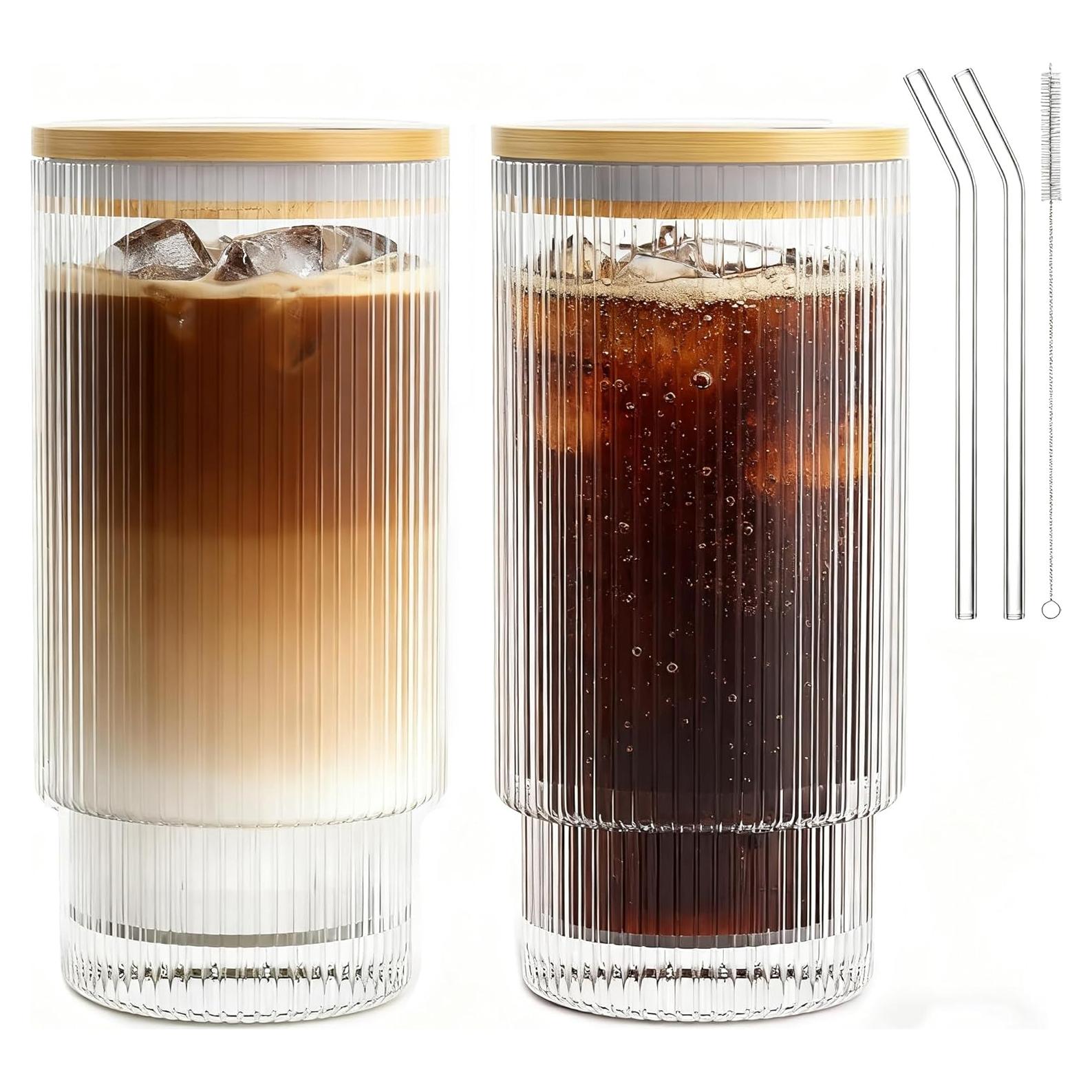 Vasos de Vidrio Estriados AFINSEA 480ml con Tapa y Pajitas