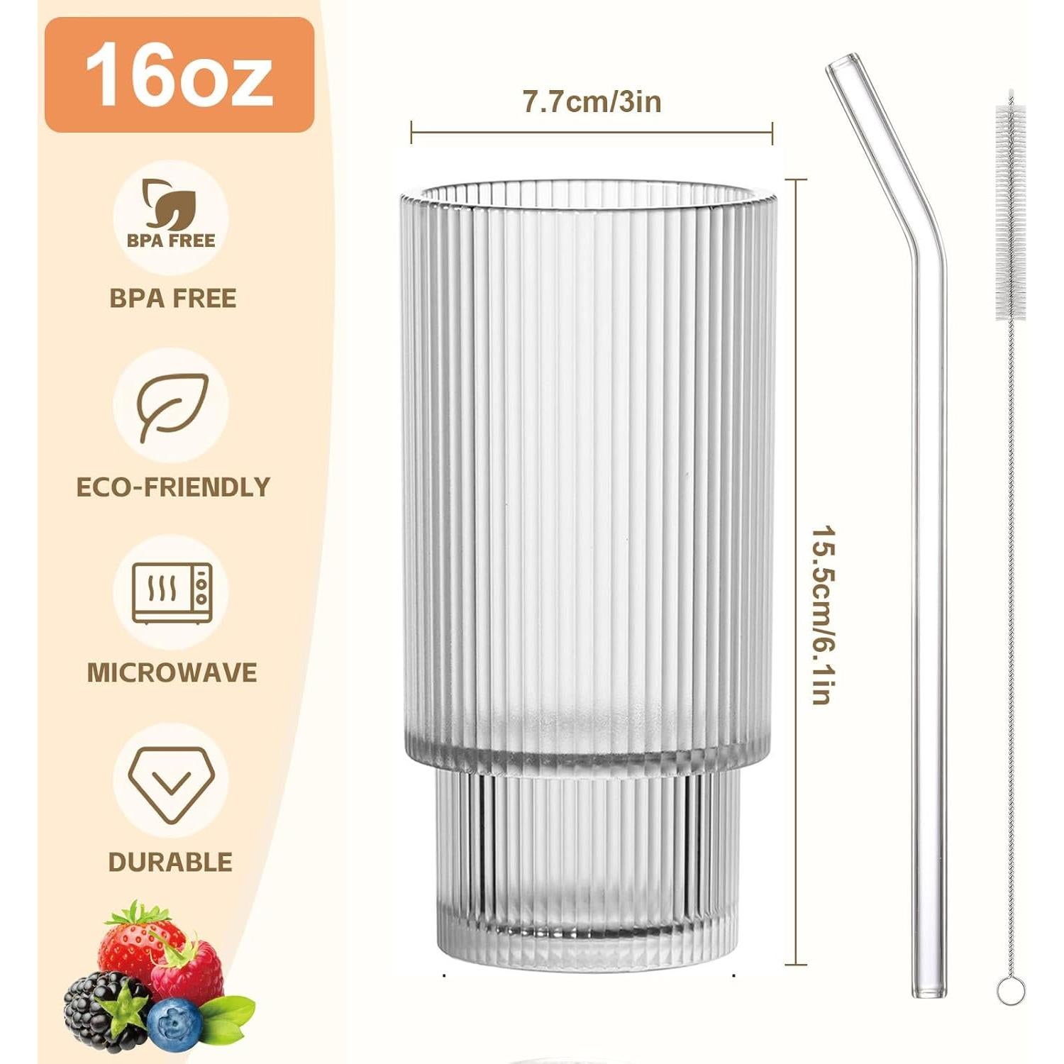 Vasos de Vidrio Estriados AFINSEA 480ml con Tapa y Pajitas