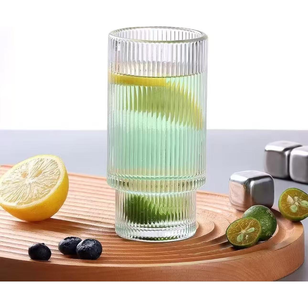 Vasos de Vidrio Estriados AFINSEA 480ml con Tapa y Pajitas