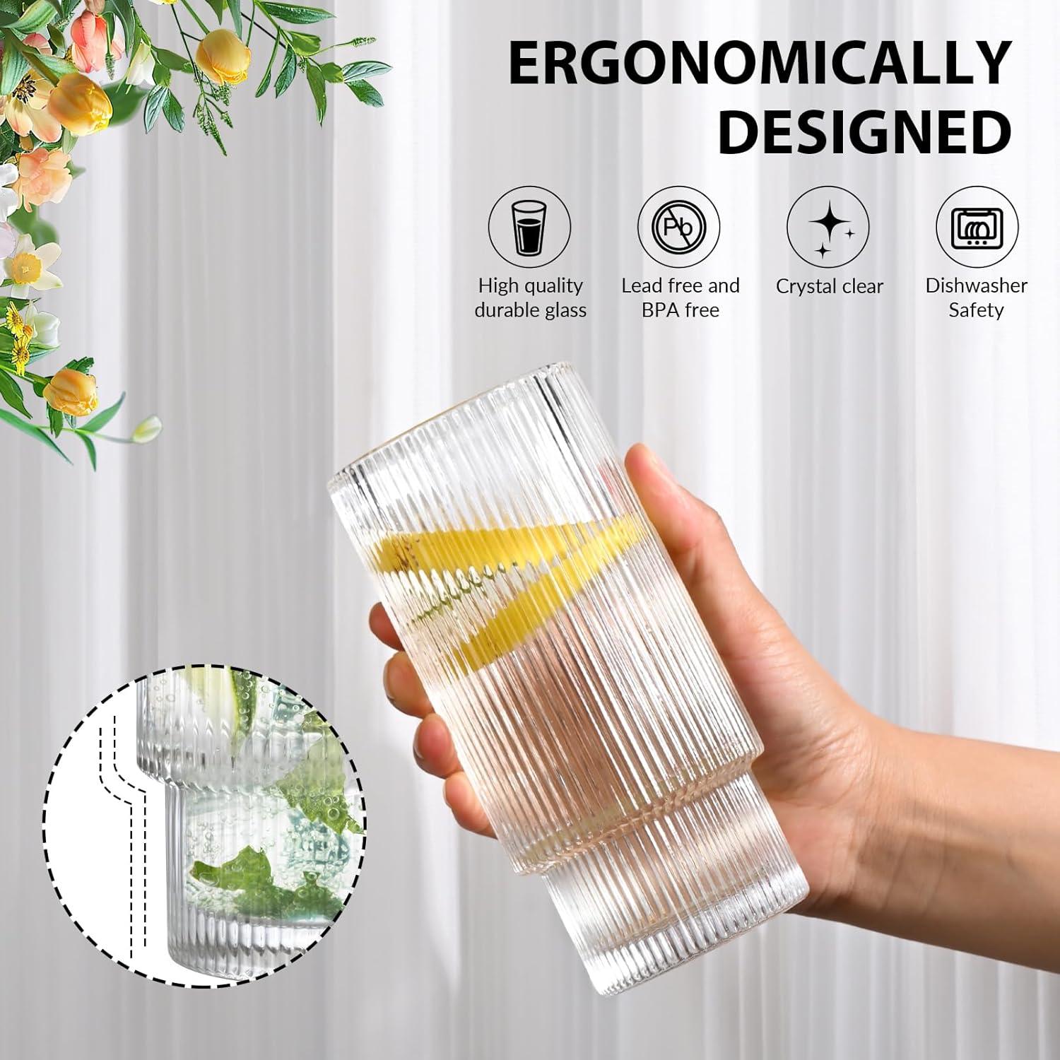 Vasos de Vidrio Estriados AFINSEA 480ml con Tapa y Pajitas