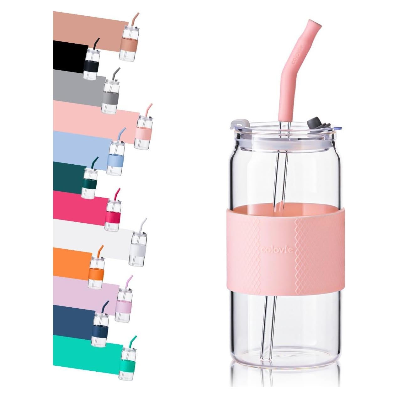 Vaso de Vidrio ColoVie 20oz Rosa Tiza con Tapa 3 en 1