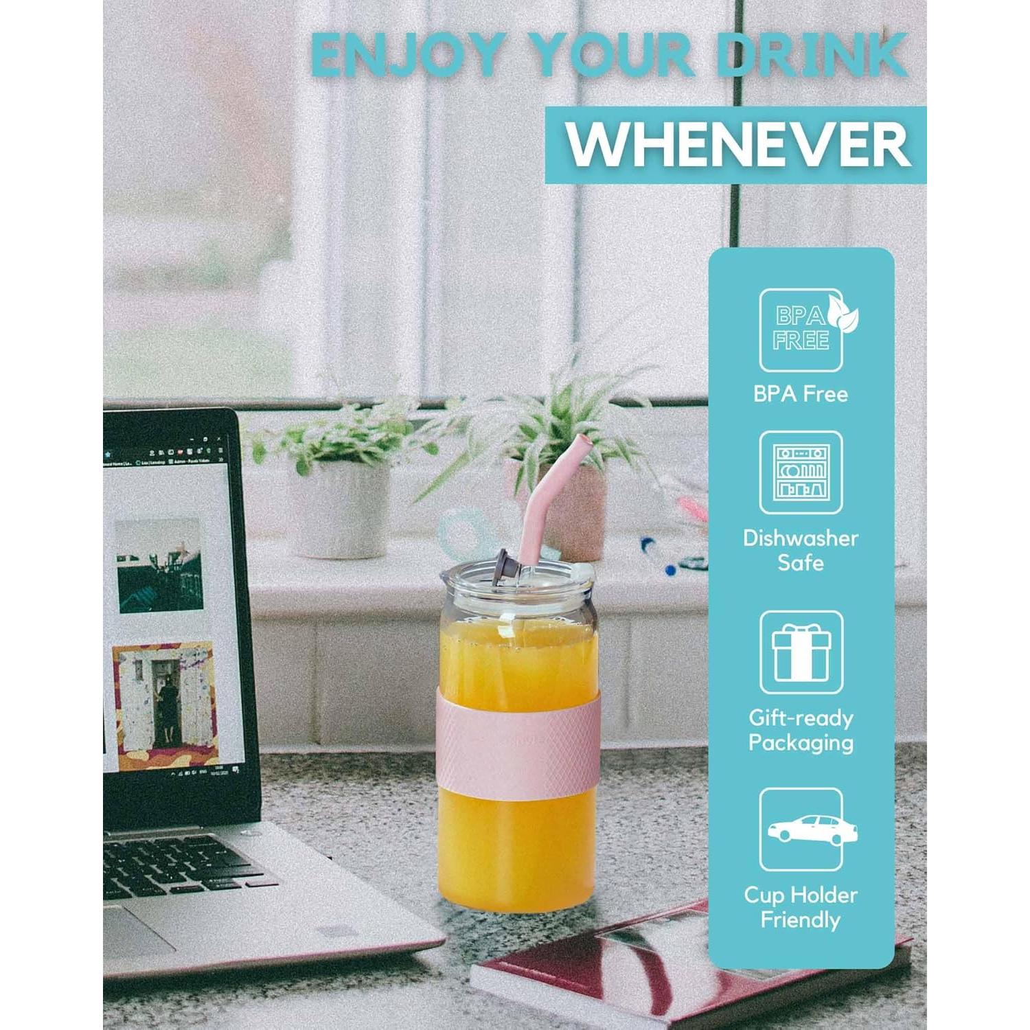 Vaso de Vidrio ColoVie 20oz Rosa Tiza con Tapa 3 en 1