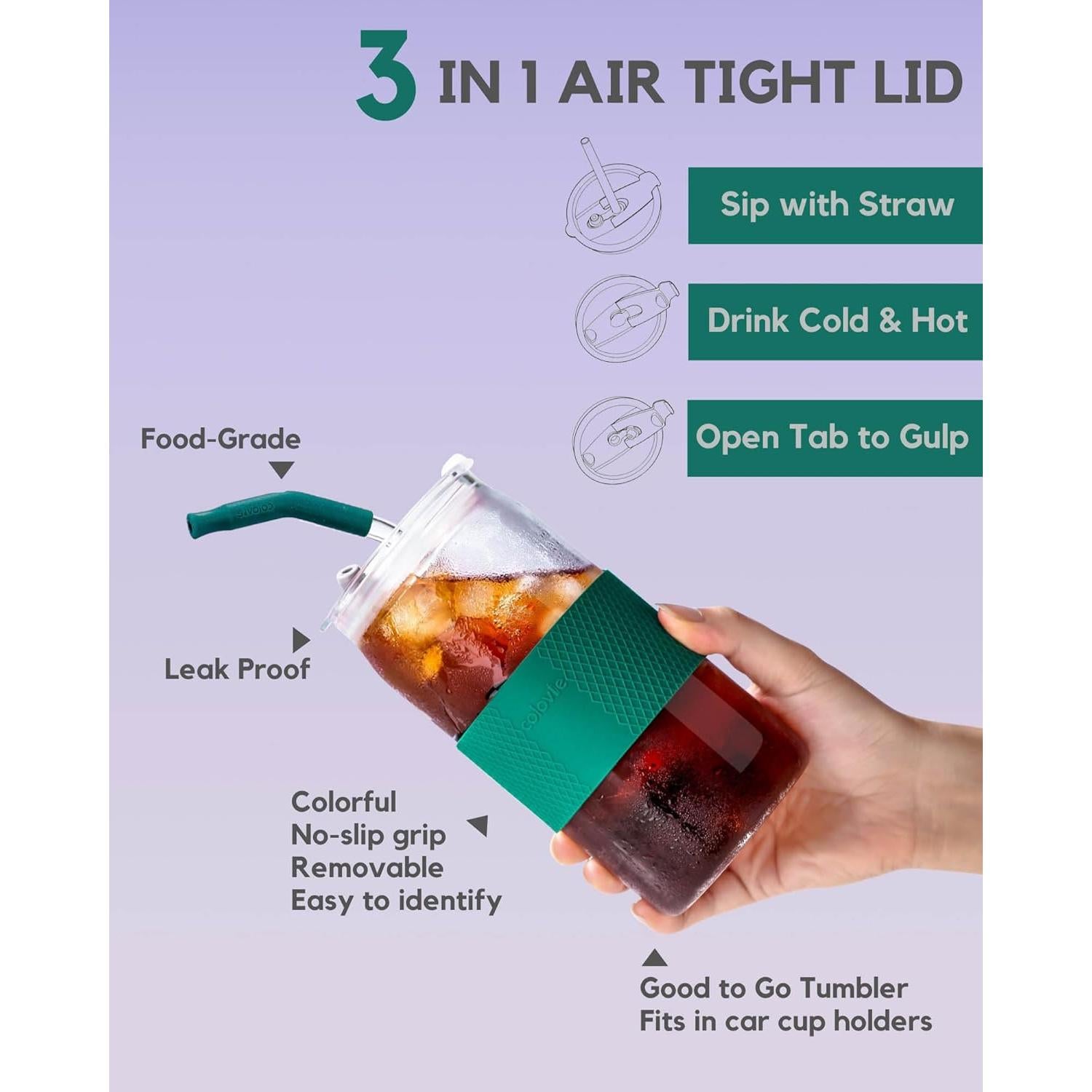 Vaso de Vidrio ColoVie 20oz Rosa Tiza con Tapa 3 en 1