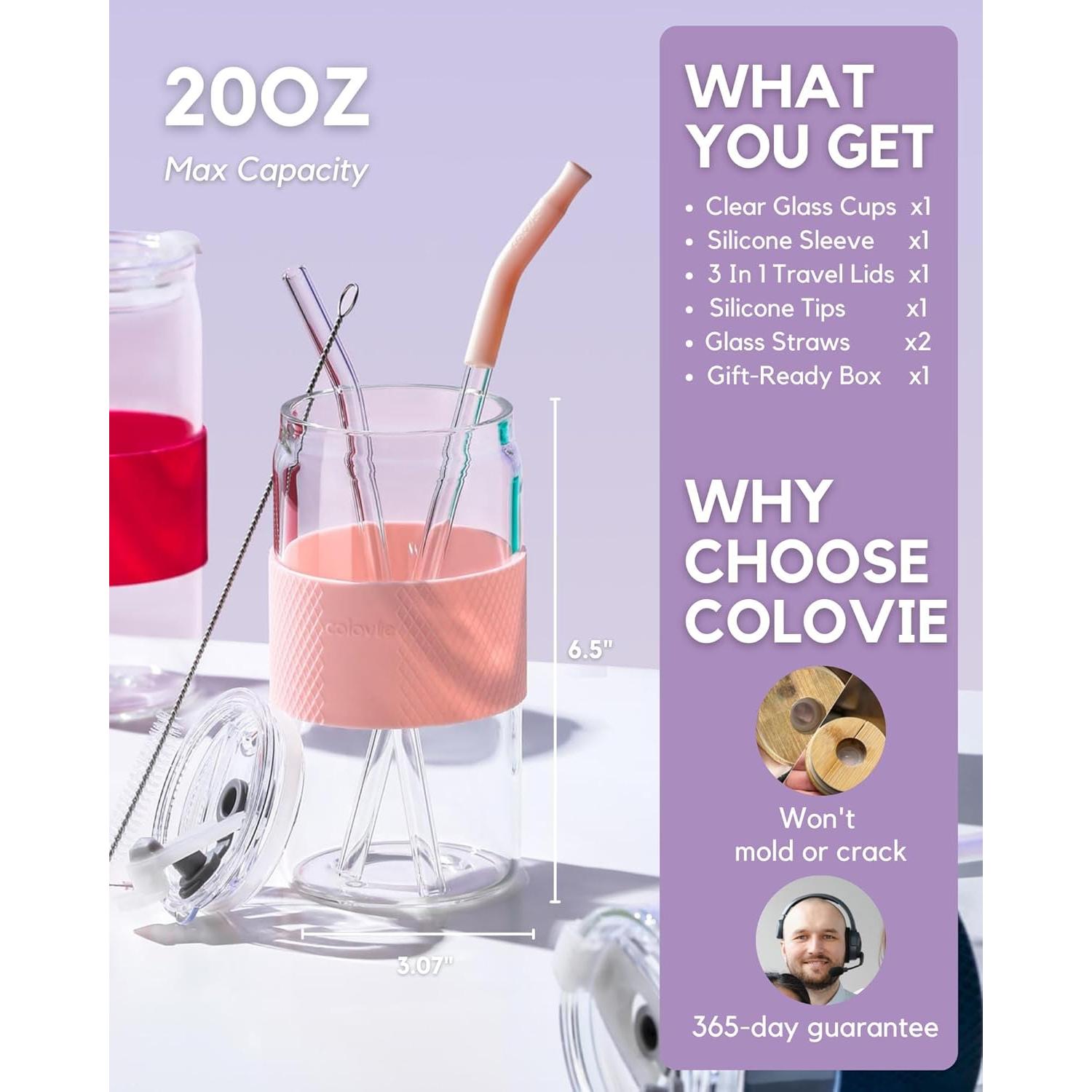 Vaso de Vidrio ColoVie 20oz Rosa Tiza con Tapa 3 en 1