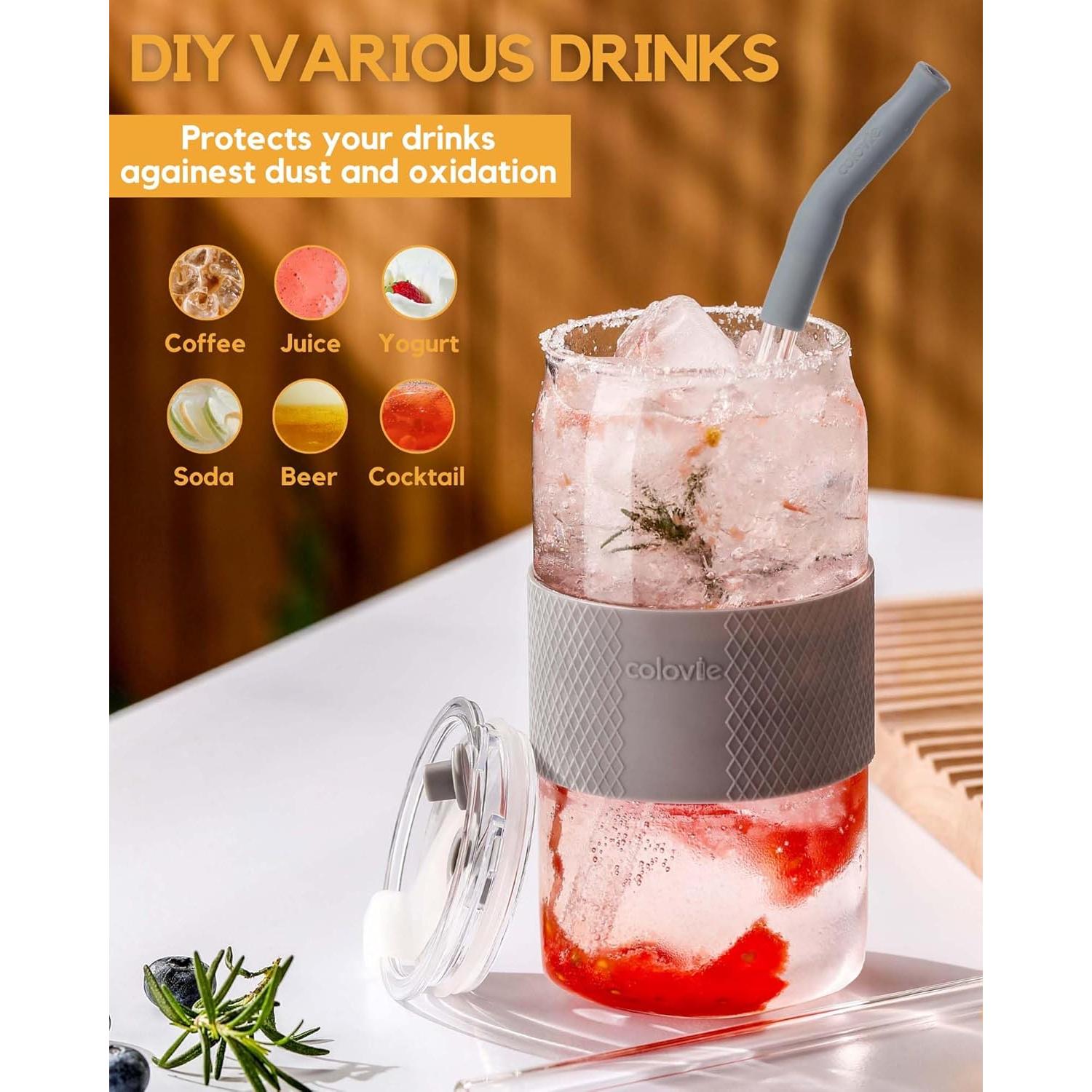 Vaso de Vidrio ColoVie 20oz Rosa Tiza con Tapa 3 en 1