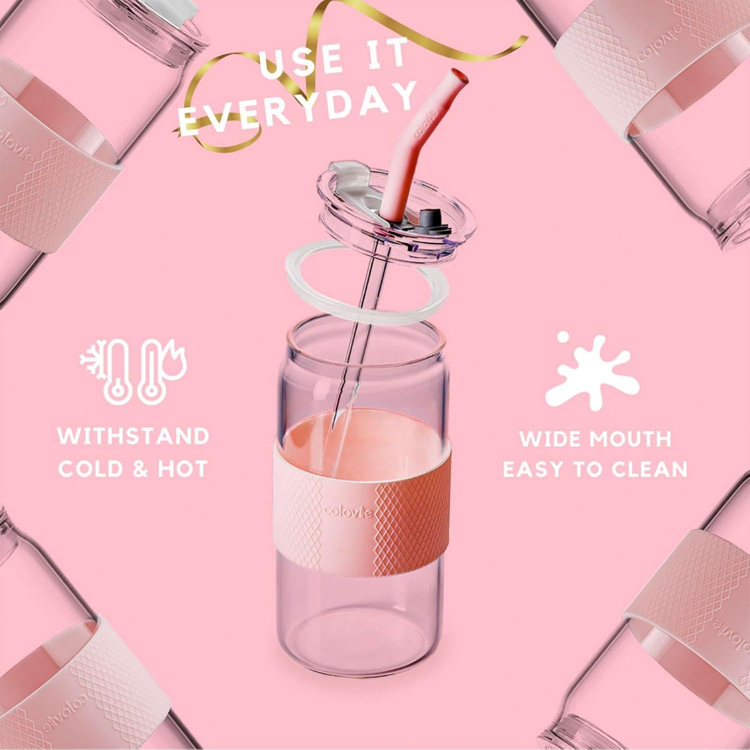 Vaso de Vidrio ColoVie 20oz Rosa Tiza con Tapa 3 en 1