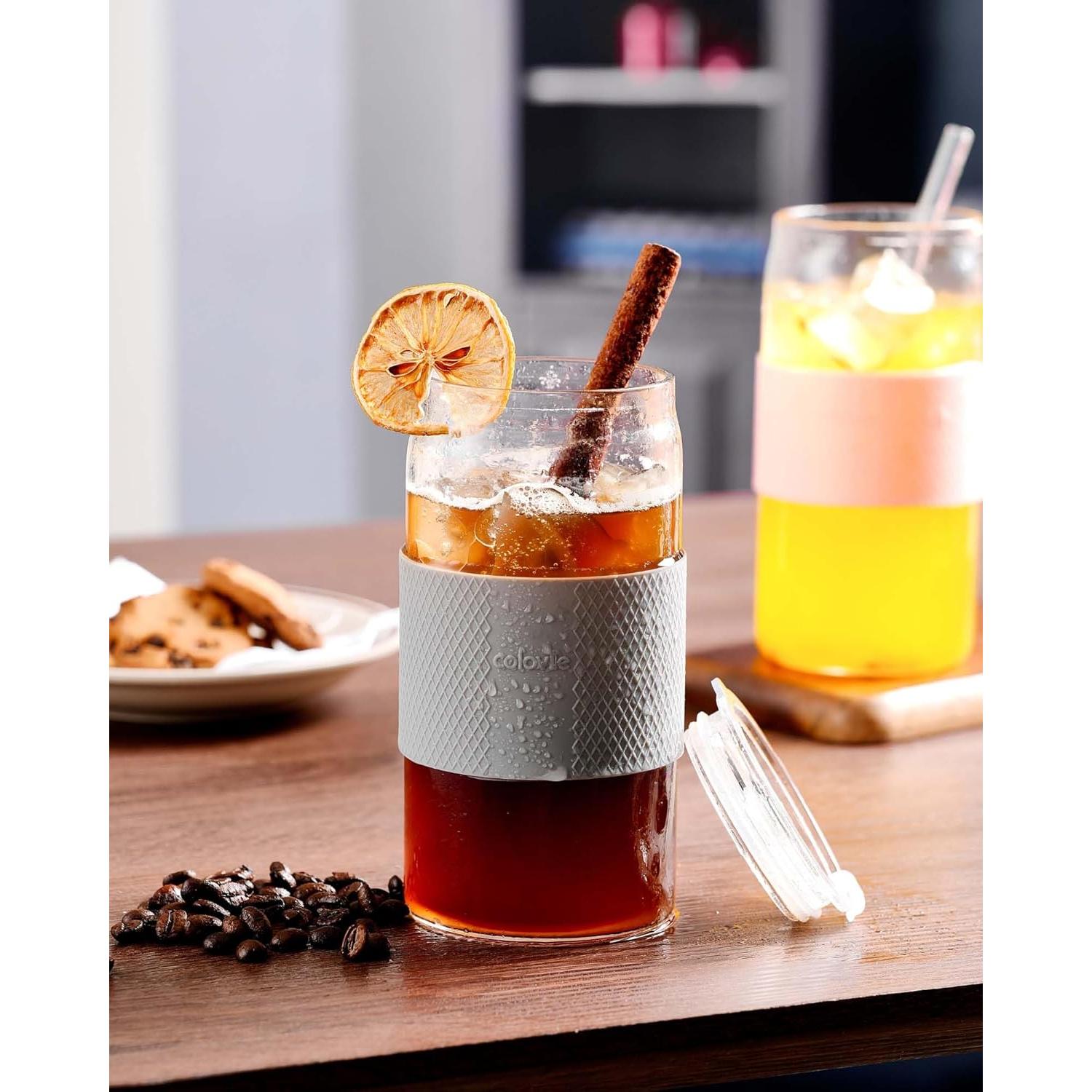 Vaso de Vidrio ColoVie 20oz Rosa Tiza con Tapa 3 en 1