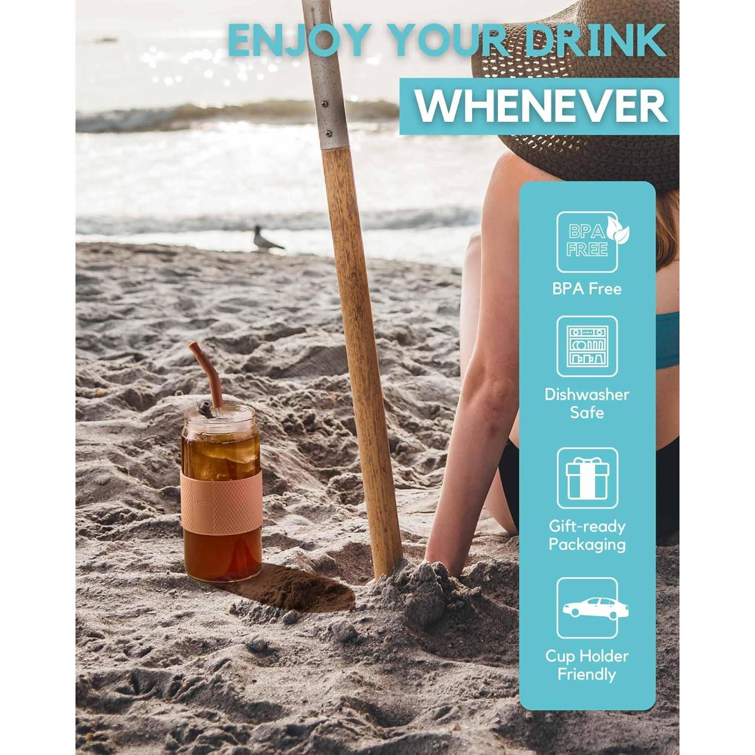 Vaso de Vidrio ColoVie 20oz Rosa Tiza con Tapa 3 en 1