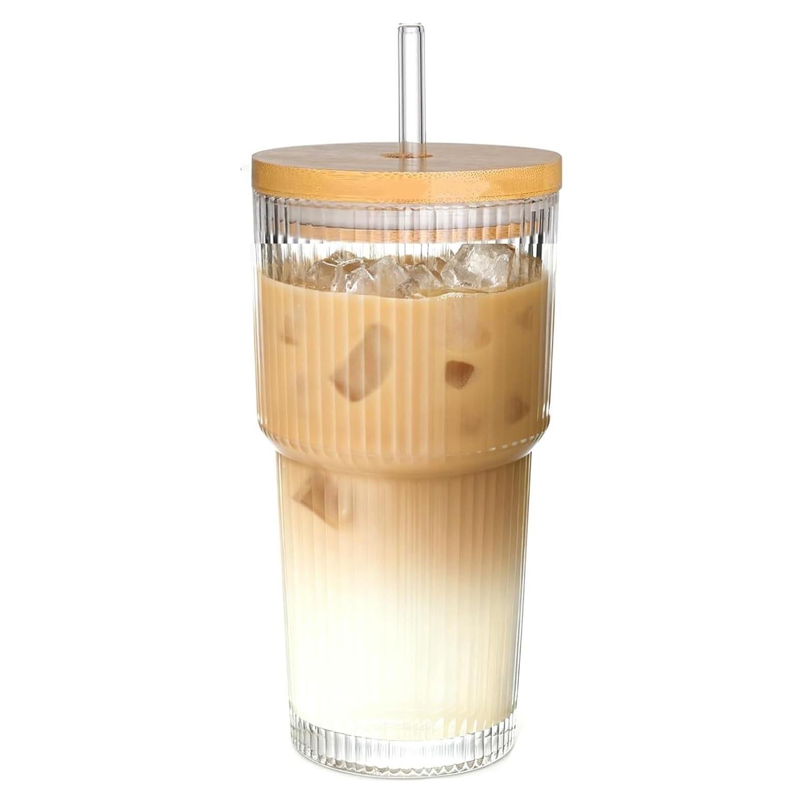 Taza de Vidrio Estriado 20oz AFINSEA con Tapa y Popote