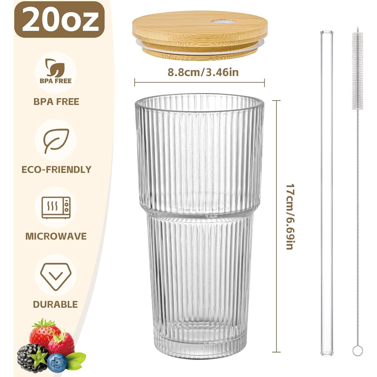 Taza de Vidrio Estriado 20oz AFINSEA con Tapa y Popote