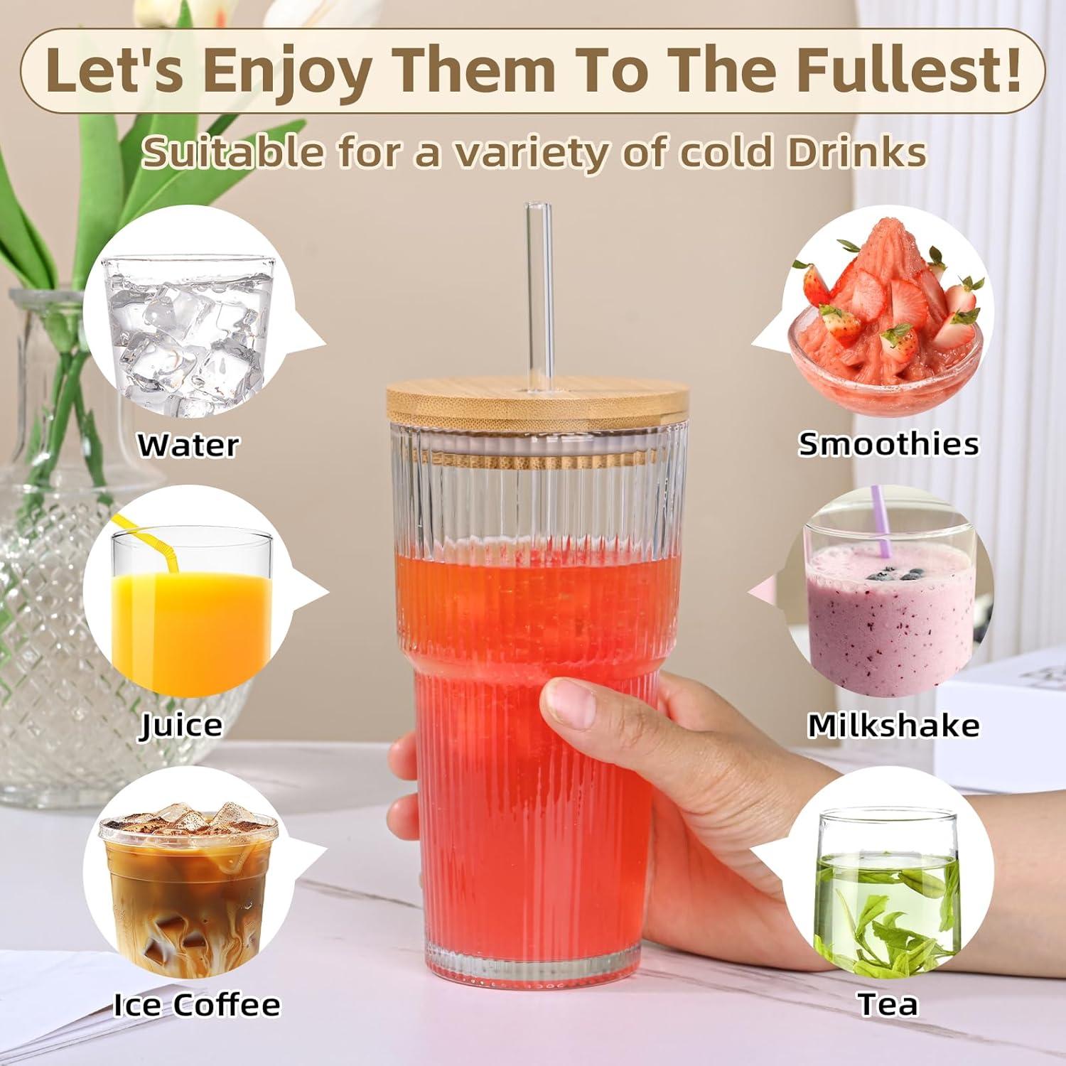 Taza de Vidrio Estriado 20oz AFINSEA con Tapa y Popote