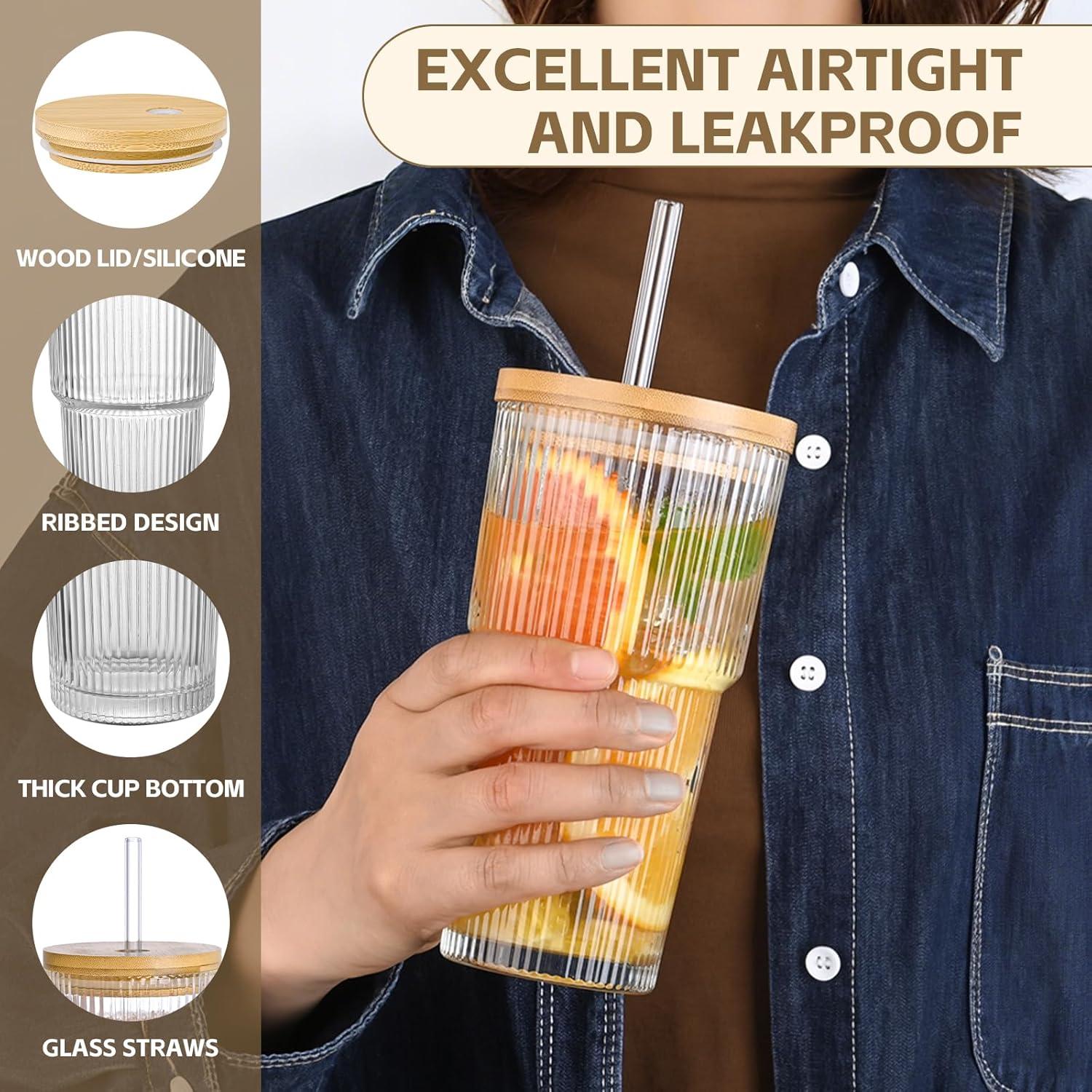 Taza de Vidrio Estriado 20oz AFINSEA con Tapa y Popote