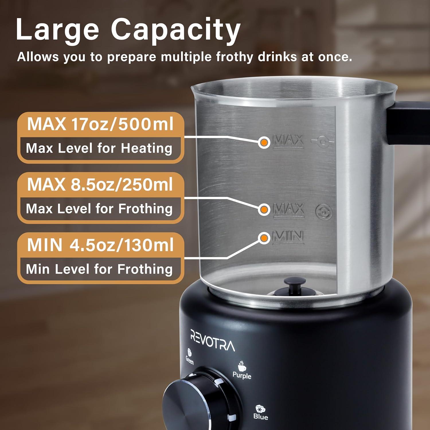 Espumador de Leche Eléctrico REVOTRA 500ml 4-en-1 Acero Inoxidable