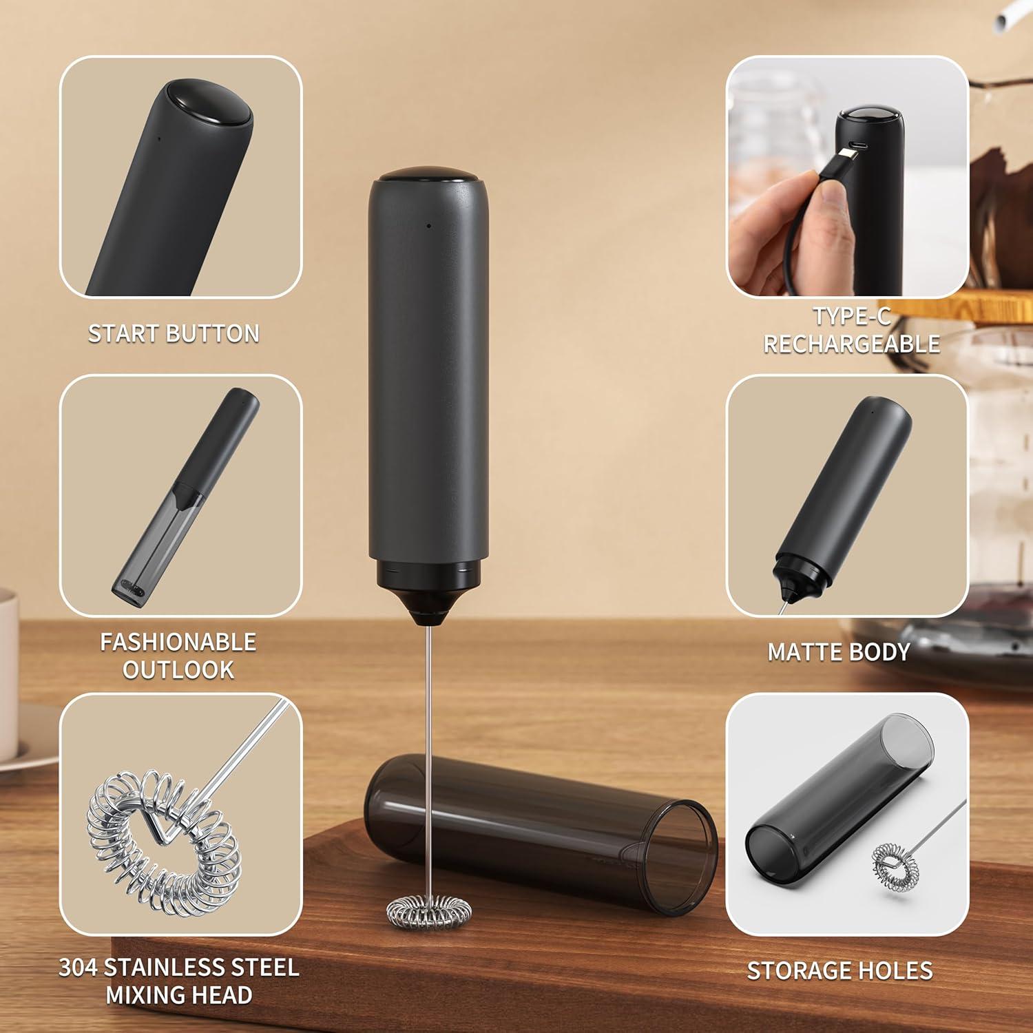 Espumador de Leche Recargable BONACHEF con Tapa, Negro