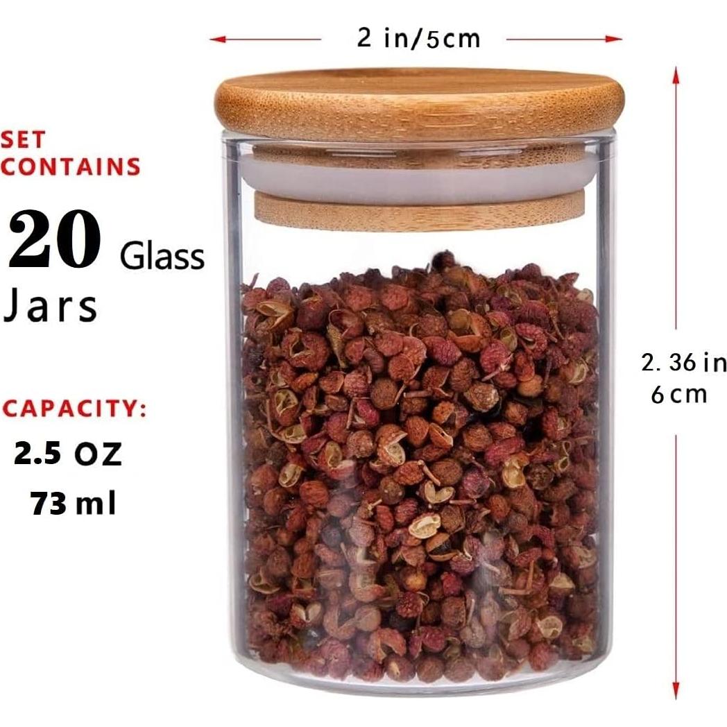 20 Tarros de Especias de Vidrio ZPGXLRZ con Tapas de Bambú 73ml