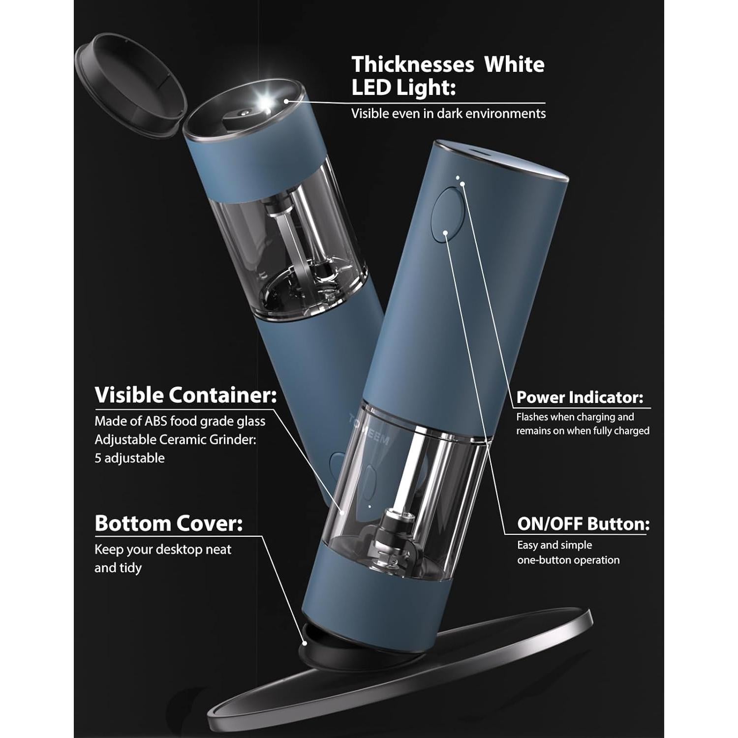 Molinillos Eléctricos de Sal y Pimienta TOMEEM Acero Inoxidable Azul