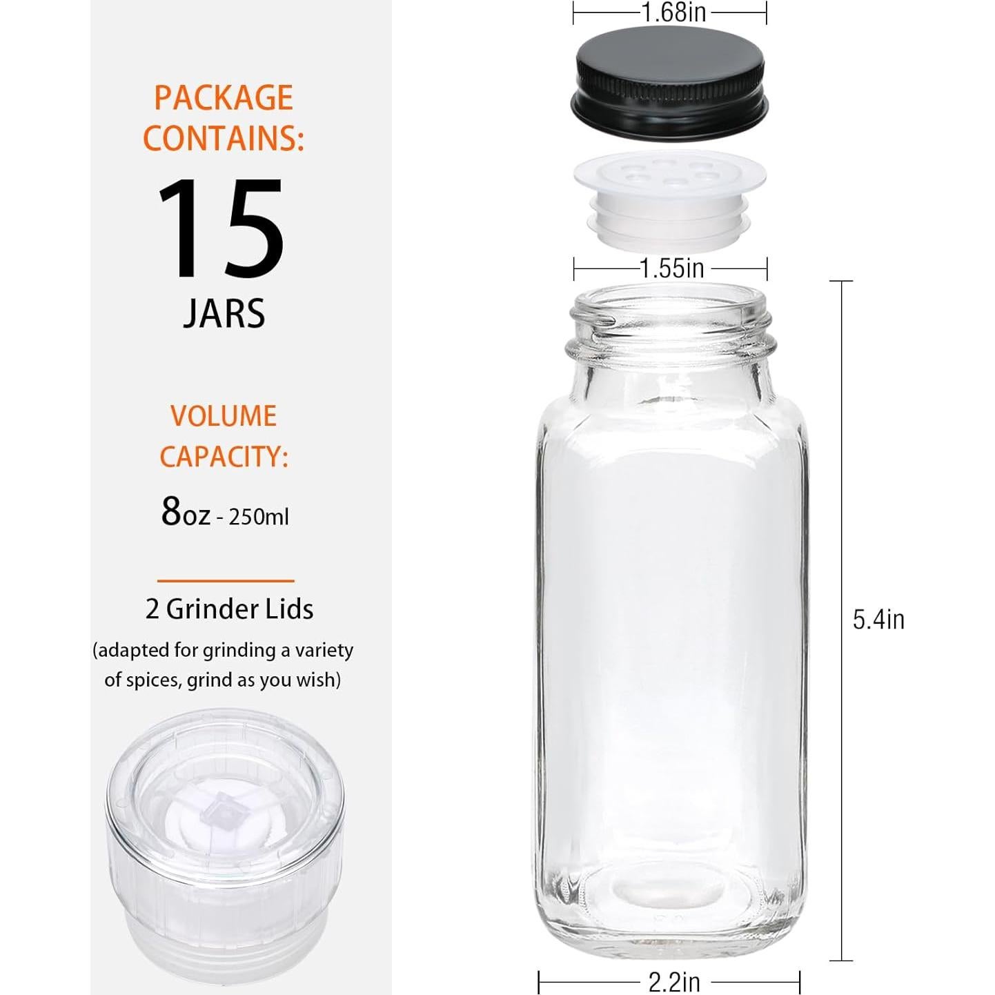 Juego de 15 Jarras de Especias de Vidrio 8oz con Tapas Metálicas