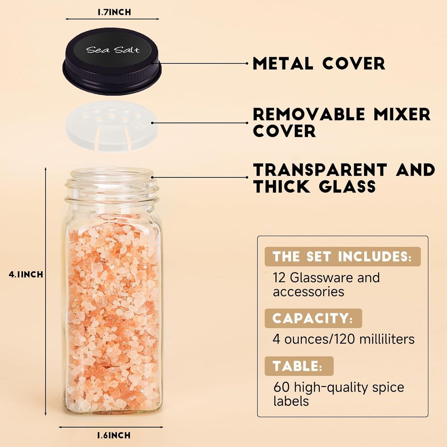 6 Tarros de Especias de Vidrio DIDI 4oz con Etiquetas