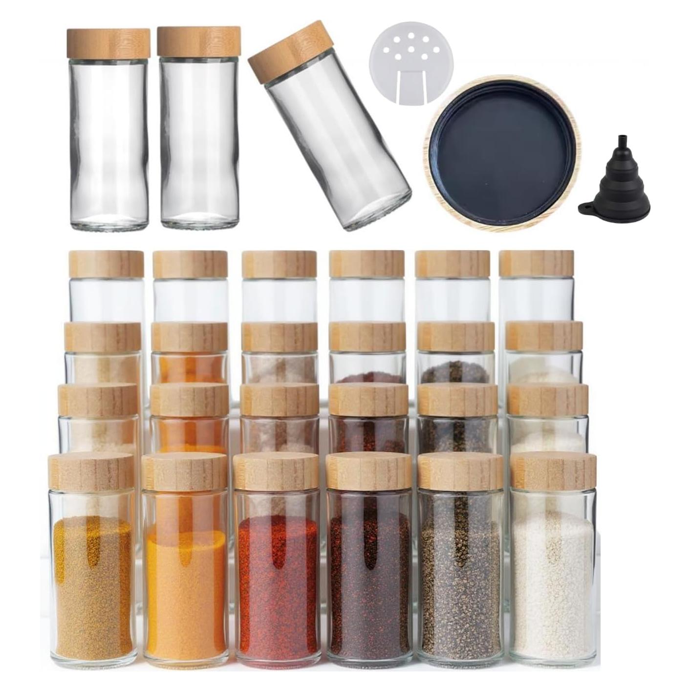 Juego de 24 Tarros de Especias de Vidrio 120ml con Tapas de Bambú