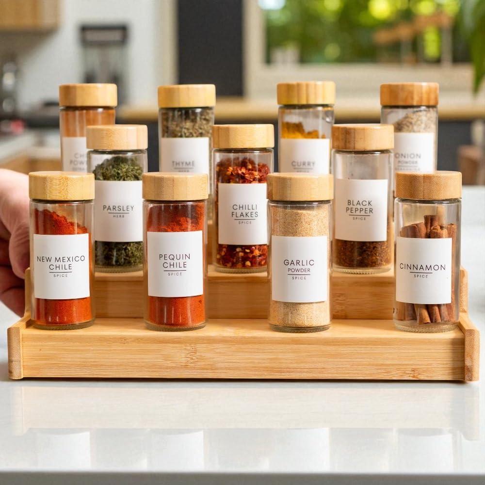 Juego de 24 Tarros de Especias de Vidrio 120ml con Tapas de Bambú
