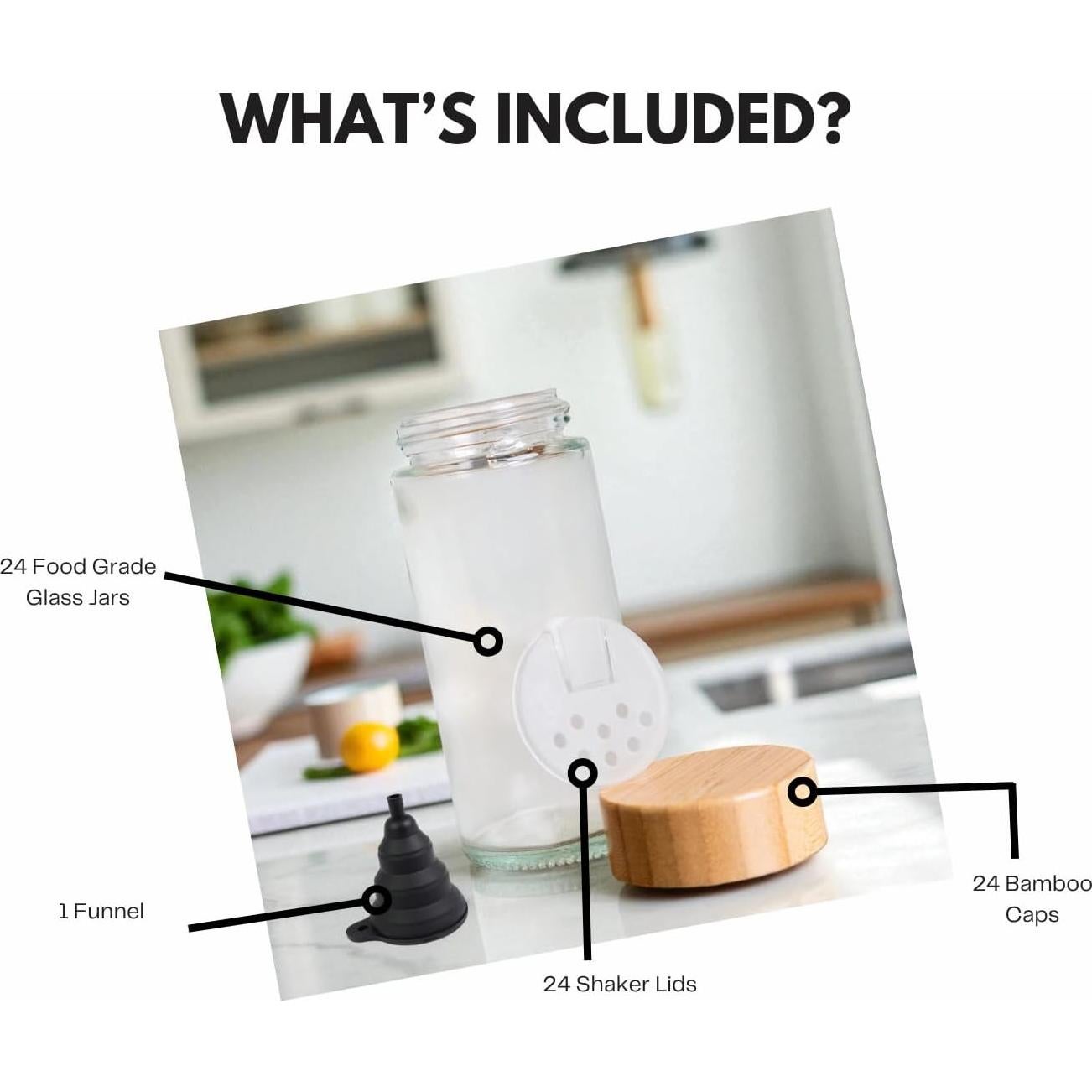 Juego de 24 Tarros de Especias de Vidrio 120ml con Tapas de Bambú