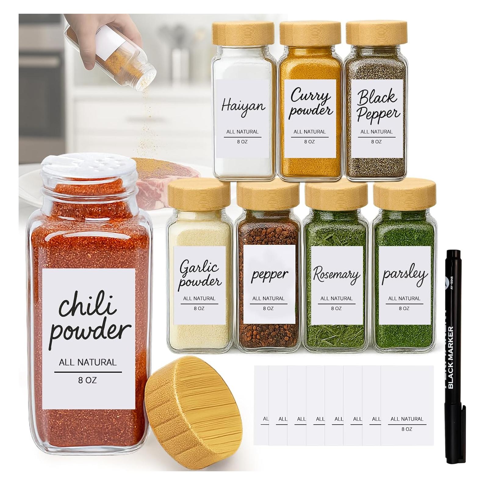 Set de 8 Tarros de Especias de Vidrio JEORGU con Etiquetas