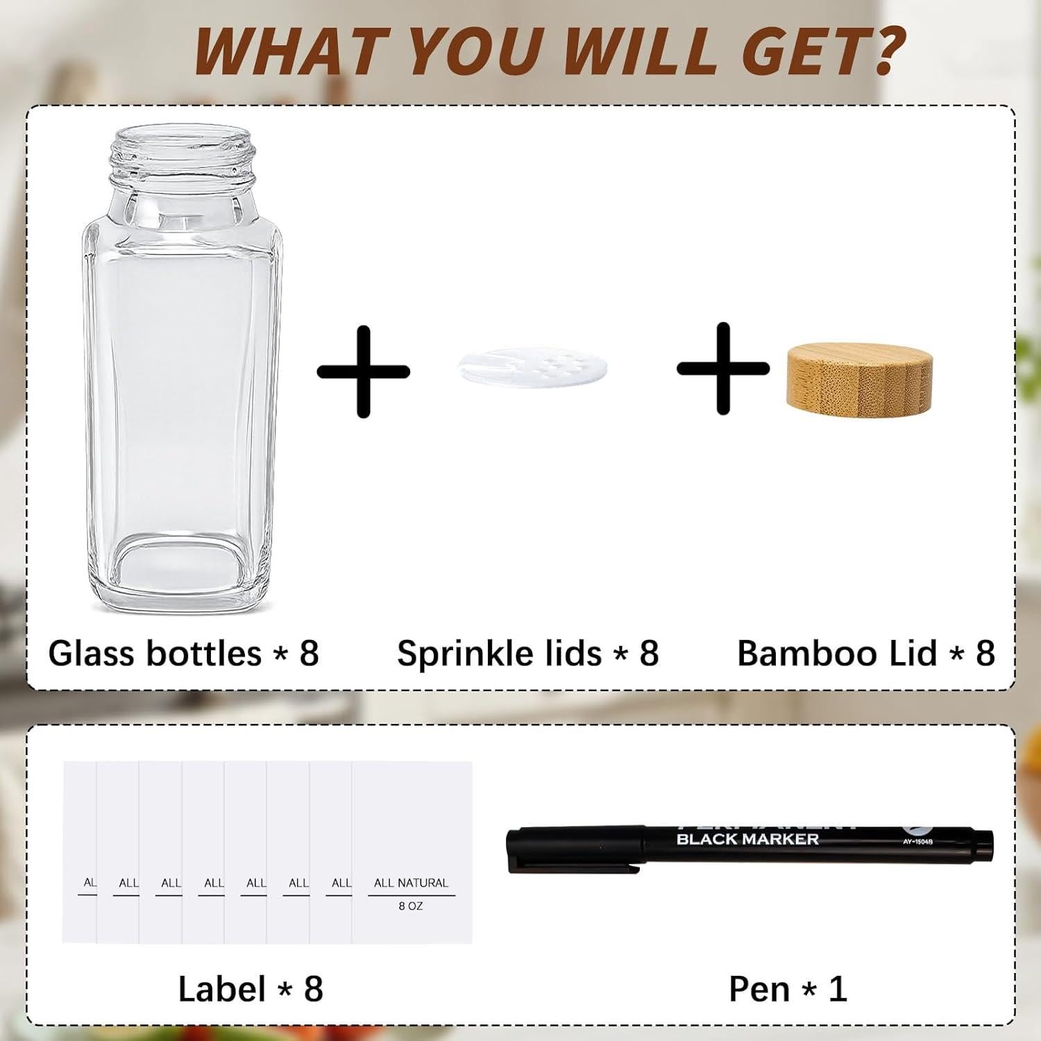 Set de 8 Tarros de Especias de Vidrio JEORGU con Etiquetas