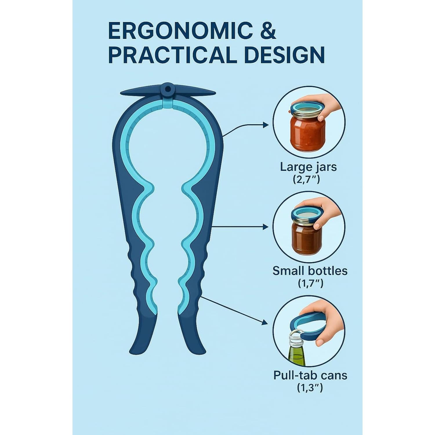 Abrebotellas 4 en 1 Genérico Azul y Gris para Manos Débiles