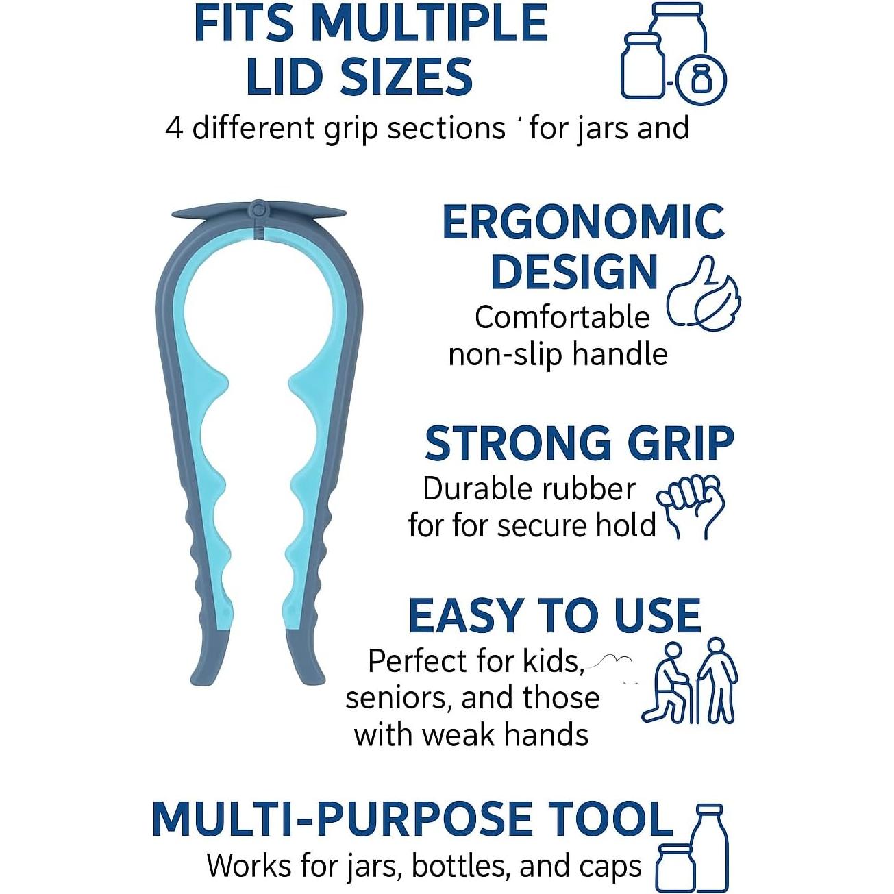 Abrebotellas 4 en 1 Genérico Azul y Gris para Manos Débiles
