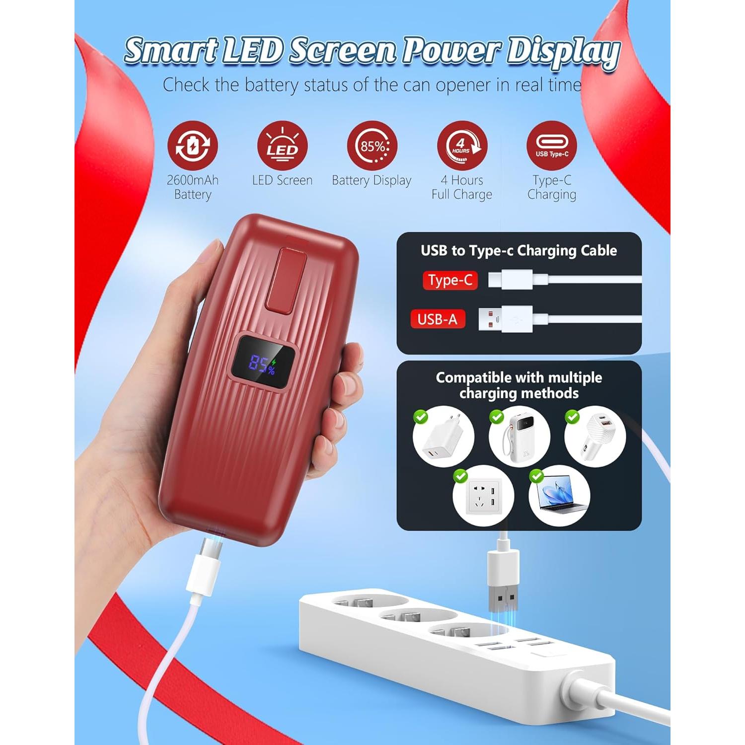 Abrelatas Eléctrico Automático HuiJuKeJi Rojo 12V Recargable