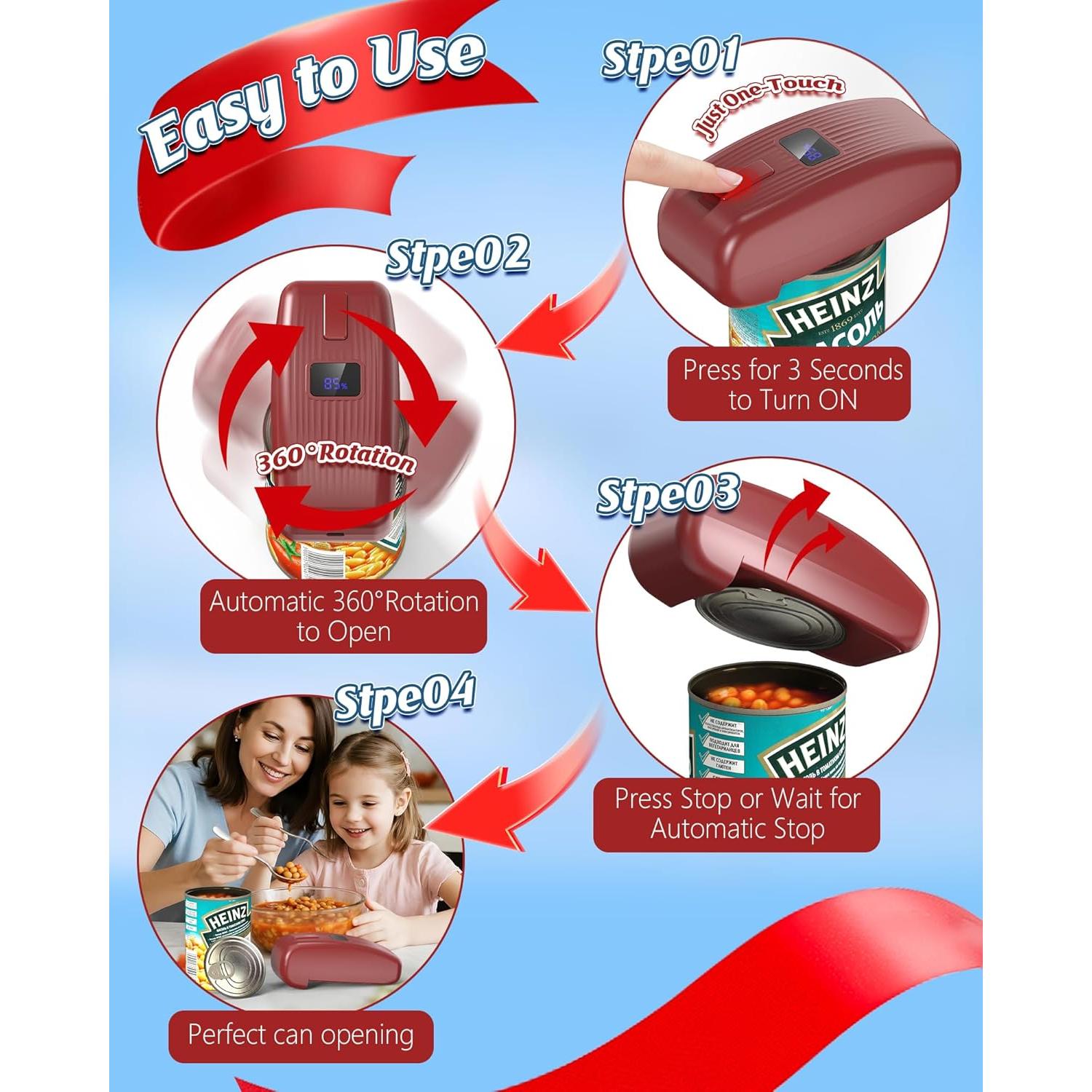 Abrelatas Eléctrico Automático HuiJuKeJi Rojo 12V Recargable