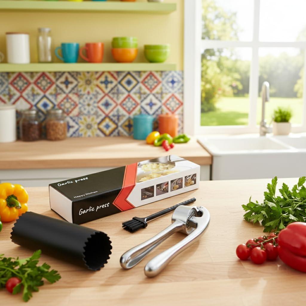 Prensa de Ajo Zinc Genérico con Pelador y Cepillo Apta Lavavajillas