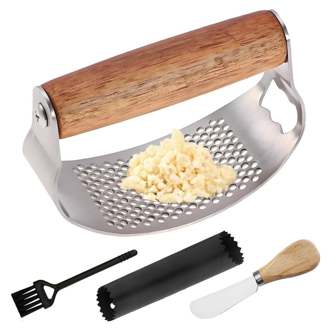 Prensa de Ajo JOMIHONEY de Acero Inoxidable con Pelador y Raspador