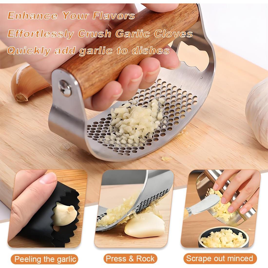 Prensa de Ajo JOMIHONEY de Acero Inoxidable con Pelador y Raspador