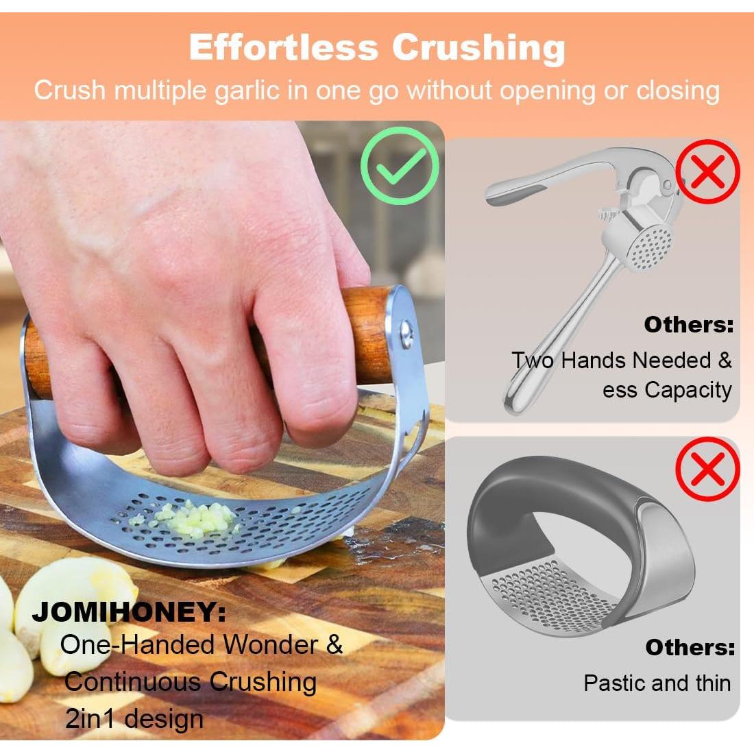 Prensa de Ajo JOMIHONEY de Acero Inoxidable con Pelador y Raspador