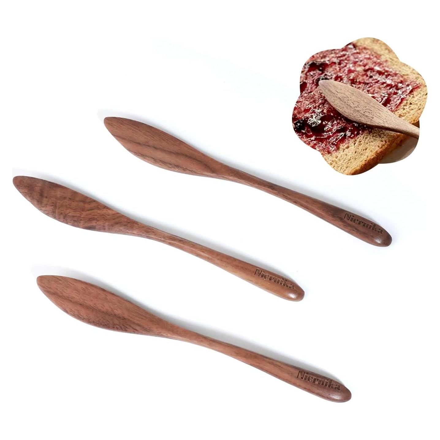 Juego de 3 cuchillos para mantequilla NierNika de madera de nogal