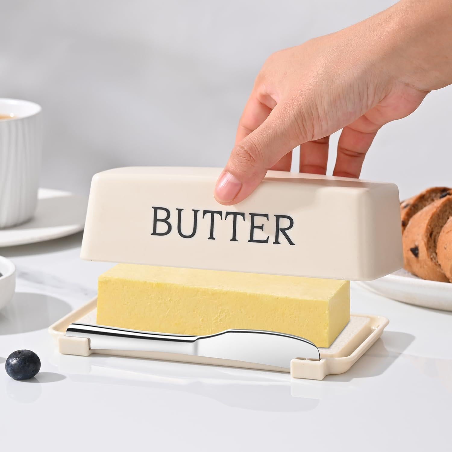 Soporte para Mantequilla Dehov Grande con Tapa y Cuchillo Blanco