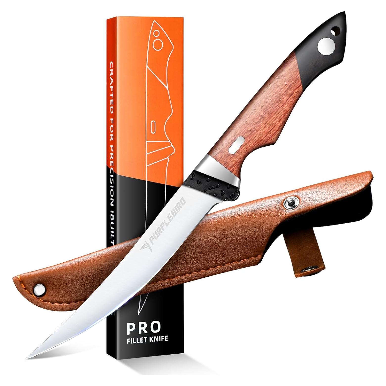 PURPLEBIRD 6" Fillet Knife for Fish with Sheath, 440C Stainless Steel Boning Knife for Meat Cutting with Wood Handle, Fish Filleting Knives Kitchen & Outdoor for Fishing, Hunting, BBQ, Christmas Gifts