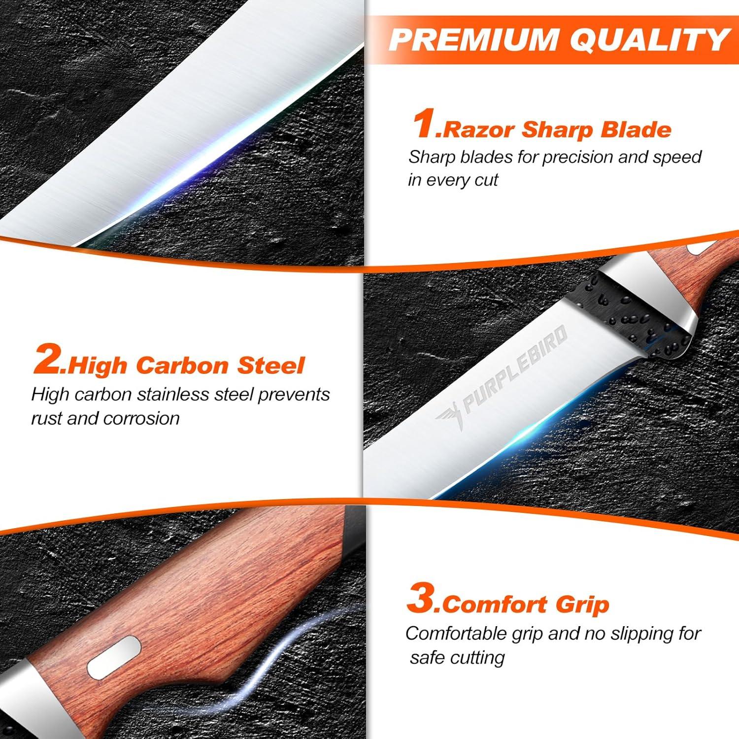 PURPLEBIRD 6" Fillet Knife for Fish with Sheath, 440C Stainless Steel Boning Knife for Meat Cutting with Wood Handle, Fish Filleting Knives Kitchen & Outdoor for Fishing, Hunting, BBQ, Christmas Gifts