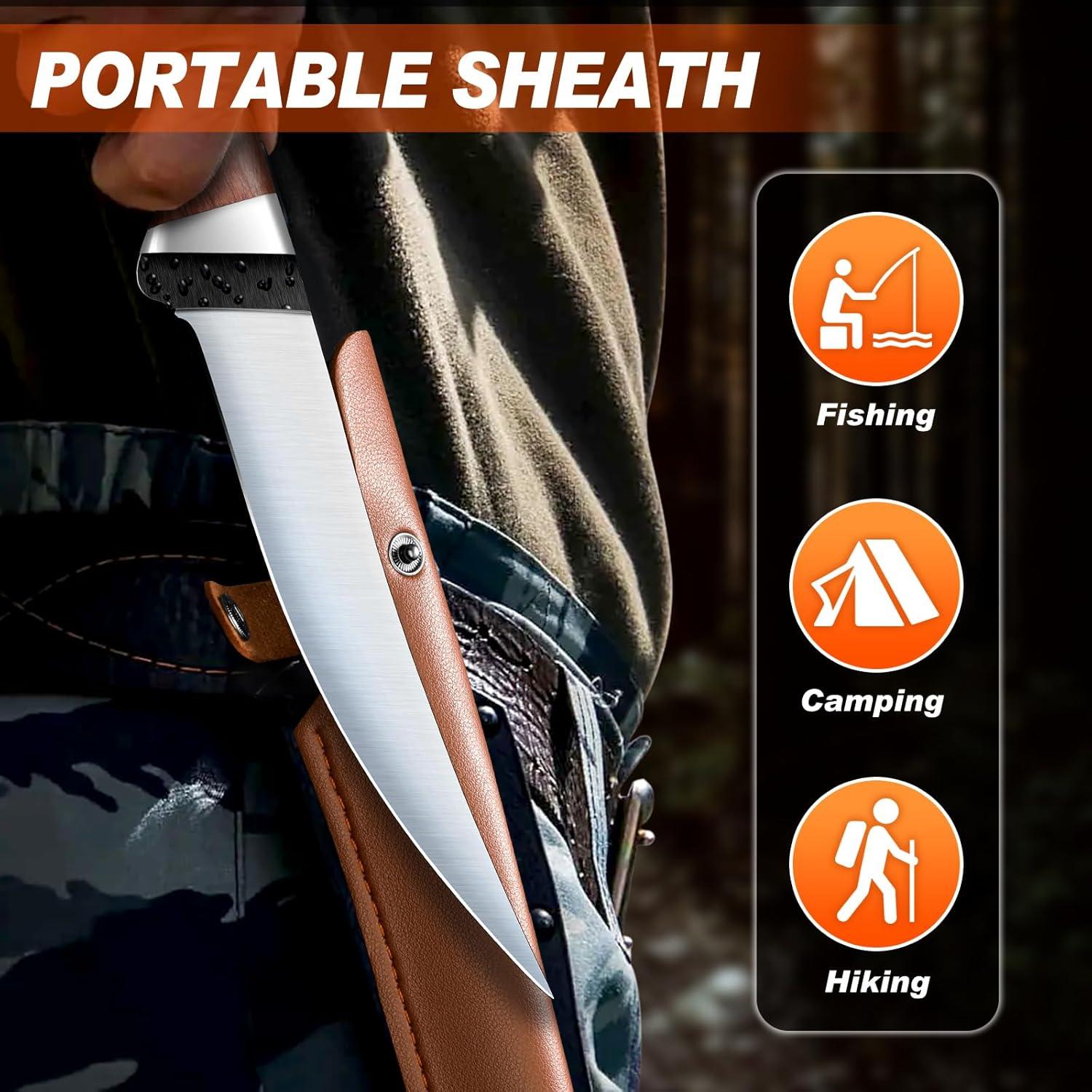 PURPLEBIRD 6" Fillet Knife for Fish with Sheath, 440C Stainless Steel Boning Knife for Meat Cutting with Wood Handle, Fish Filleting Knives Kitchen & Outdoor for Fishing, Hunting, BBQ, Christmas Gifts