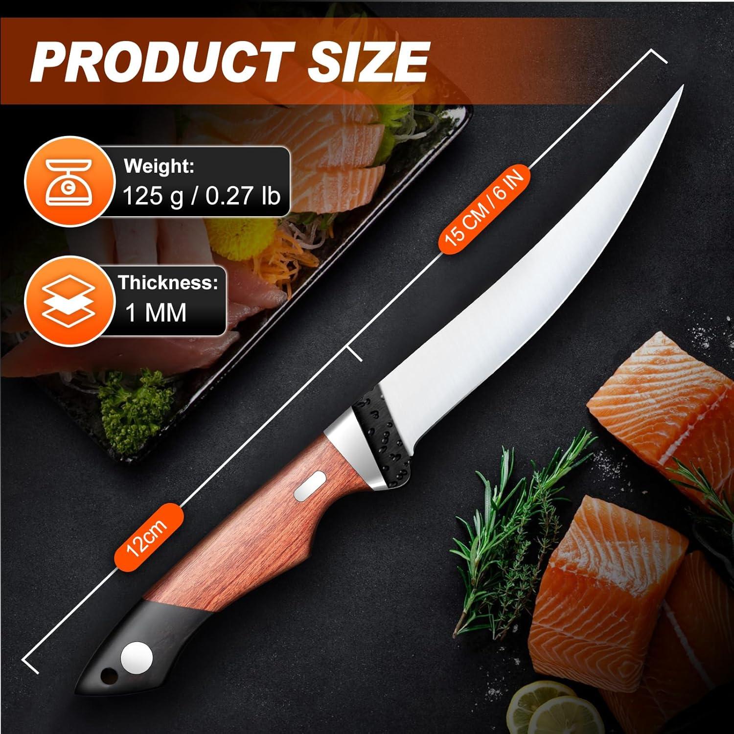 PURPLEBIRD 6" Fillet Knife for Fish with Sheath, 440C Stainless Steel Boning Knife for Meat Cutting with Wood Handle, Fish Filleting Knives Kitchen & Outdoor for Fishing, Hunting, BBQ, Christmas Gifts