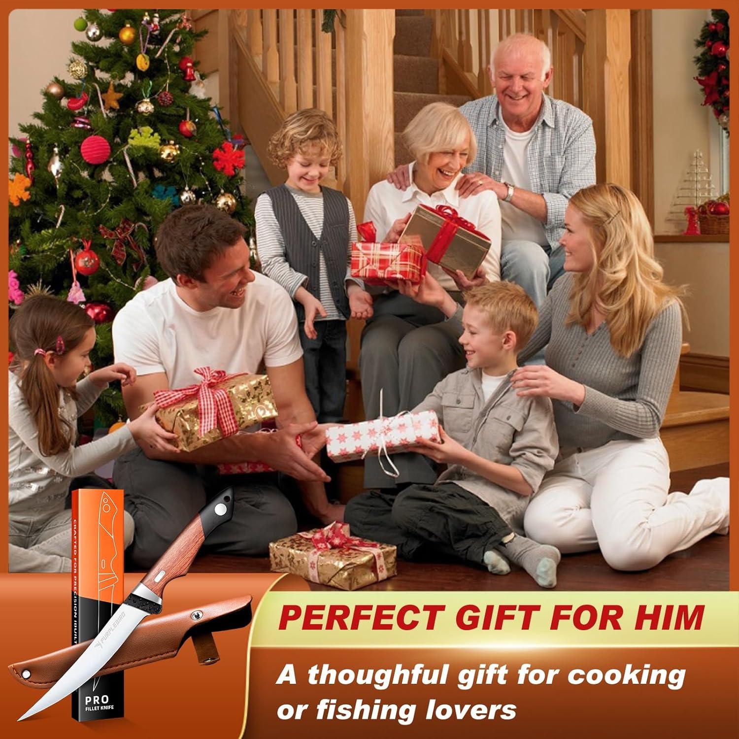 PURPLEBIRD 6" Fillet Knife for Fish with Sheath, 440C Stainless Steel Boning Knife for Meat Cutting with Wood Handle, Fish Filleting Knives Kitchen & Outdoor for Fishing, Hunting, BBQ, Christmas Gifts