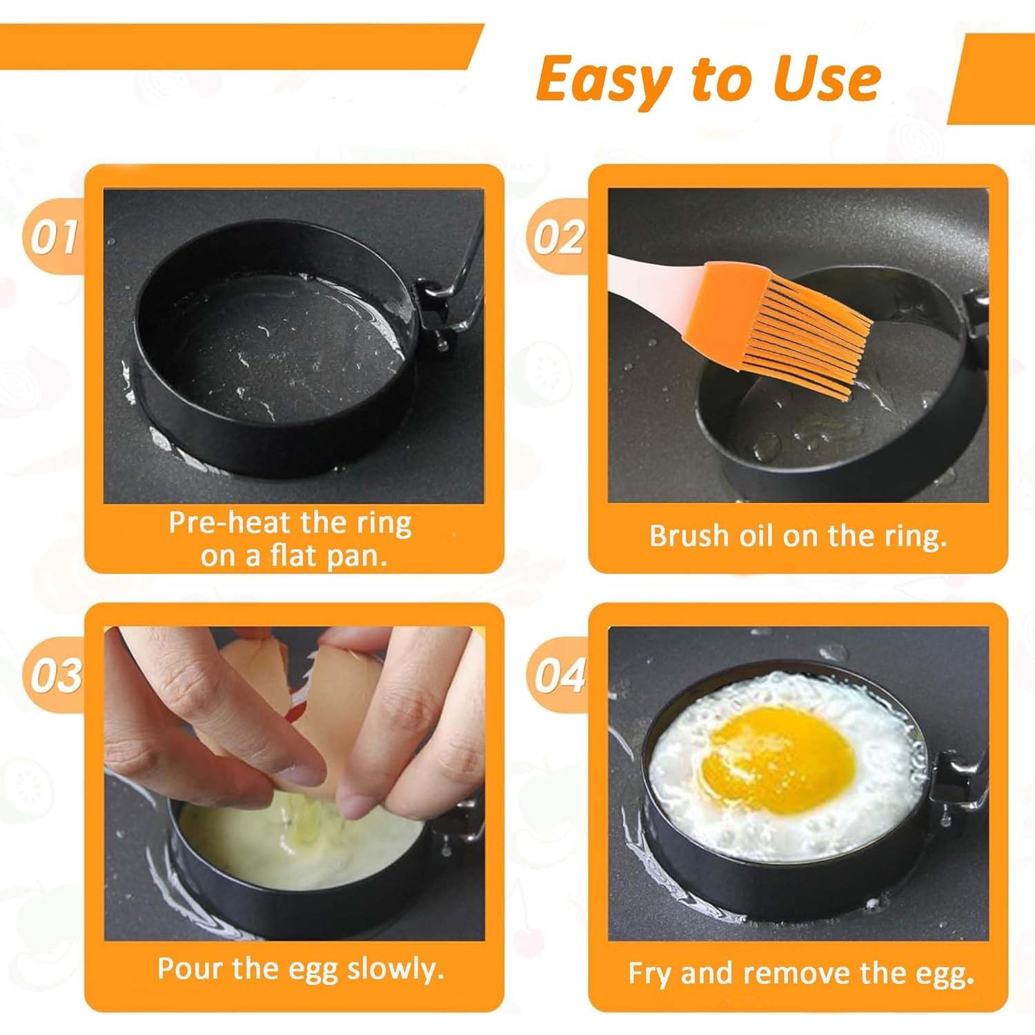 Set de 4 Anillos para Huevos de Acero Inoxidable 8.9 cm con Brocha