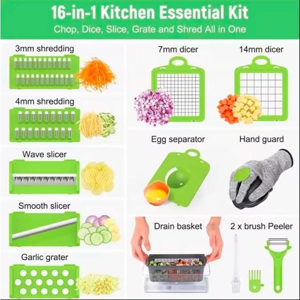Cortador de Verduras 16 en 1 Genérico con Cuchillas de Acero Inoxidable